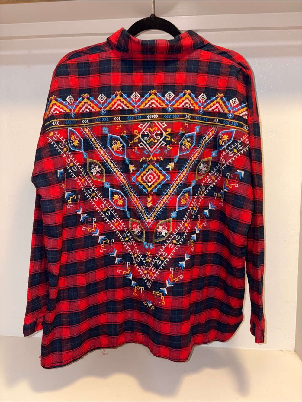 Umgee Red & Black Plaid Button-Down with Colorful Embroidered Back